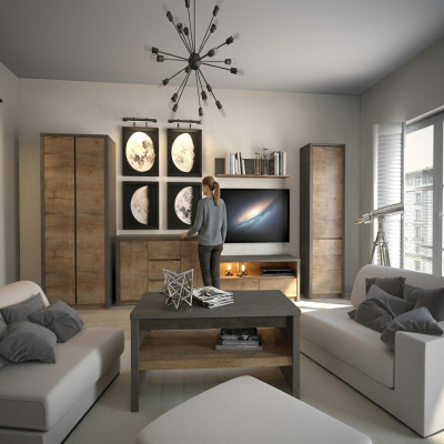 Ensemble de salon composé d'une unité murale, d'une vitrine, d'un meuble bas, d'une étagère murale, d'une table TV, le tout en 6 pièces. Nouveau.