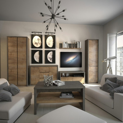 Ensemble de salon composé d'une unité murale, d'une vitrine, d'un meuble bas, d'une étagère murale, d'une table TV, le tout en 6 pièces. Nouveau.