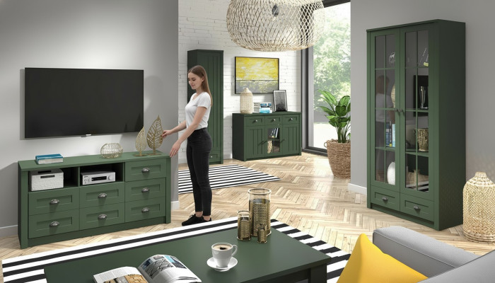 Salle de séjour Ensemble complet Maison de campagne Mobilier Ensemble 5 pièces. Unité murale Bois Commode Table