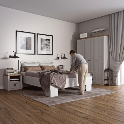 Lit Table de chevet Armoire Ensemble de chambre à coucher 4 pièces Design Art-déco Maison de campagne
