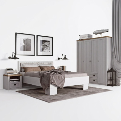 Lit Table de chevet Armoire Ensemble de chambre à coucher 4 pièces Design Art-déco Maison de campagne