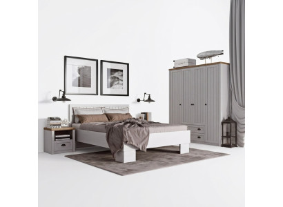 Lit Table de chevet Armoire Ensemble de chambre à coucher 4 pièces Design Art-déco Maison de campagne