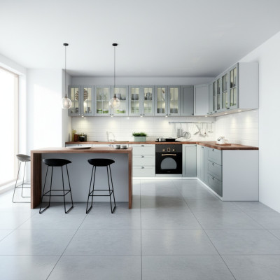 Conception de cuisine intégrée, cuisines avec armoires en verre, armoires de base en bois conçues sur mesure.
