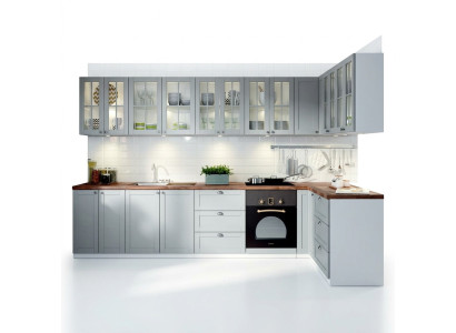 Conception de cuisine intégrée, cuisines avec armoires en verre, armoires de base en bois conçues sur mesure.