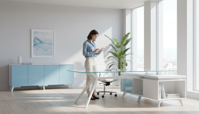 Commode Buffet moderne Buffet bleu Armoire Classeur de bureau Bureau en verre Frezza neuf