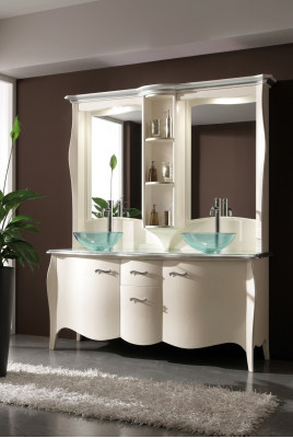 Lavabo classique à double vasque en bois avec meuble sous-lavabo et miroir sur pied