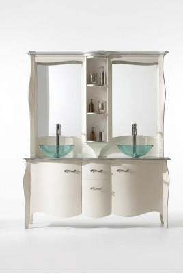 Lavabo classique à double vasque en bois avec meuble sous-lavabo et miroir sur pied