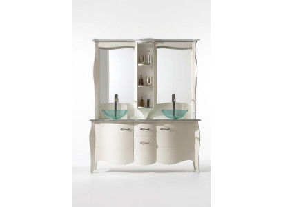 Lavabo classique à double vasque en bois avec meuble sous-lavabo et miroir sur pied
