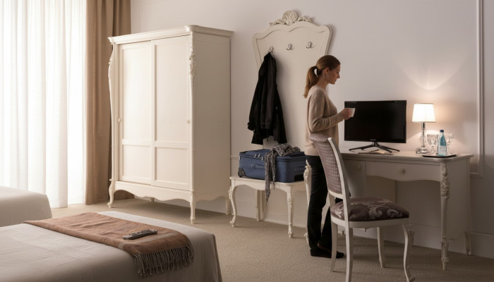 Ensemble complet de chambre classique tabouret bureau armoire 5 pièces.