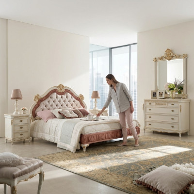 Ensemble complet de 5 pièces de chambre à coucher design : lit, table de chevet, commode. Ensembles italiens.