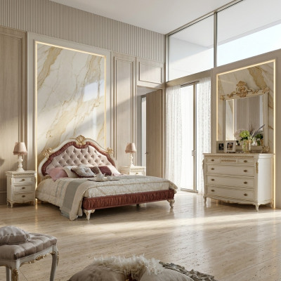 Ensemble complet de 5 pièces de chambre à coucher design : lit, table de chevet, commode. Ensembles italiens.