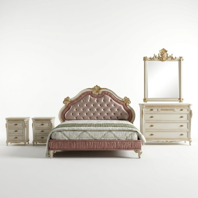 Ensemble complet de 5 pièces de chambre à coucher design : lit, table de chevet, commode. Ensembles italiens.