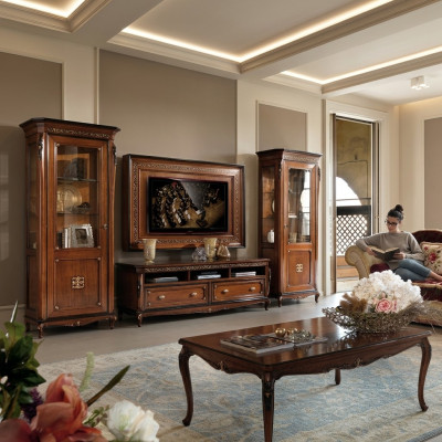 Ensemble de 4 pièces pour salon: meuble TV, vitrine, commode, table basse en bois de luxe.
