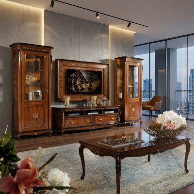 Ensemble de 4 pièces pour salon: meuble TV, vitrine, commode, table basse en bois de luxe.