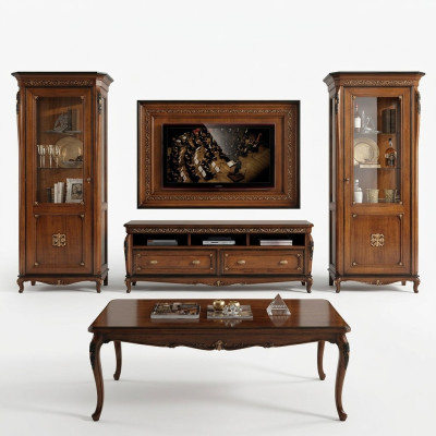 Ensemble de 4 pièces pour salon: meuble TV, vitrine, commode, table basse en bois de luxe.