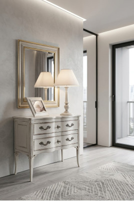 Kisten Möbel Schrank Wohnzimmer Weißes Sideboard Kommode mit Spiegel Holz