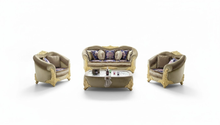 Revêtement de canapé 3 2 1 place Bois baroque en 3 pièces. Ensemble de canapés de luxe classiques.