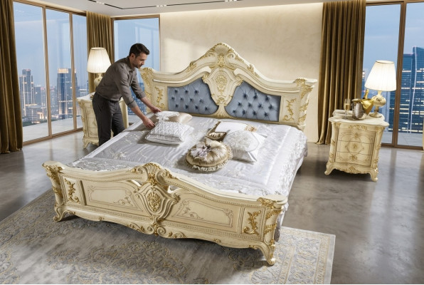 Lit Chambre Ensemble de meubles Art déco Luxueux Lits 2x Table de chevet 3 pièces.