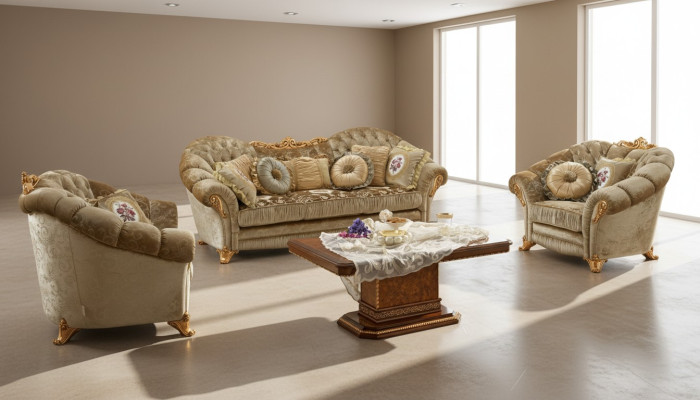 Meubles de luxe Canapé Canapé Sofa Baroque Rococo Tapisserie 3 + 1 + 1 Places Bois 3pcs