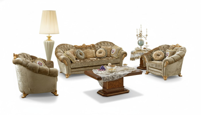 Meubles de luxe Canapé Canapé Sofa Baroque Rococo Tapisserie 3 + 1 + 1 Places Bois 3pcs