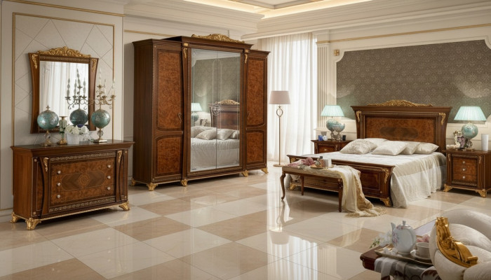 Baroque Rococo Ensemble de luxe Lits Ensembles Table de chevet Armoire 7 pièces Chambre