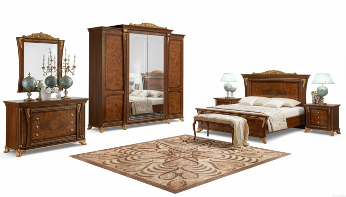 Baroque Rococo Ensemble de luxe Lits Ensembles Table de chevet Armoire 7 pièces Chambre