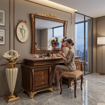 Coiffeuse avec miroir Console Commode Tabouret de chambre Complet