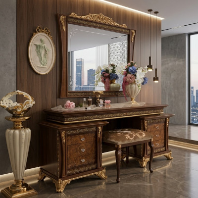 Coiffeuse avec miroir Console Commode Tabouret de chambre Complet