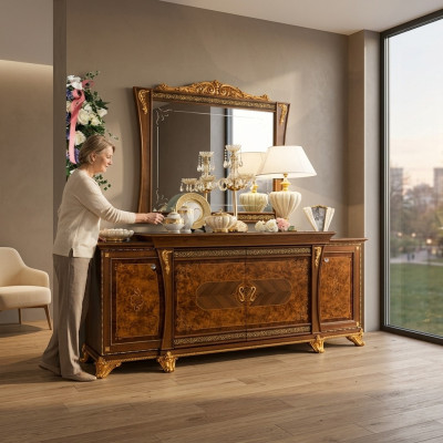 Ensemble de commodes de meubles italiens en 2 pièces. Commode avec miroir en bois massif Buffet.