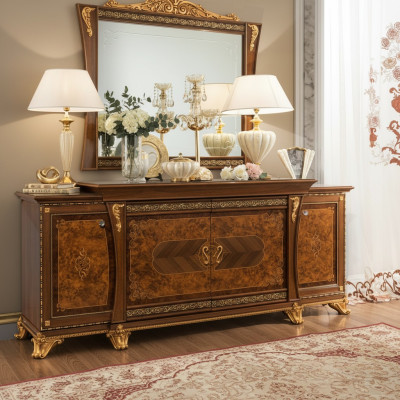 Ensemble de commodes de meubles italiens en 2 pièces. Commode avec miroir en bois massif Buffet.