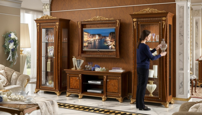 Ensemble de 4 pièces pour le salon - meuble TV, 2 vitrines, cadre en bois - groupe de luxe Suite Italie