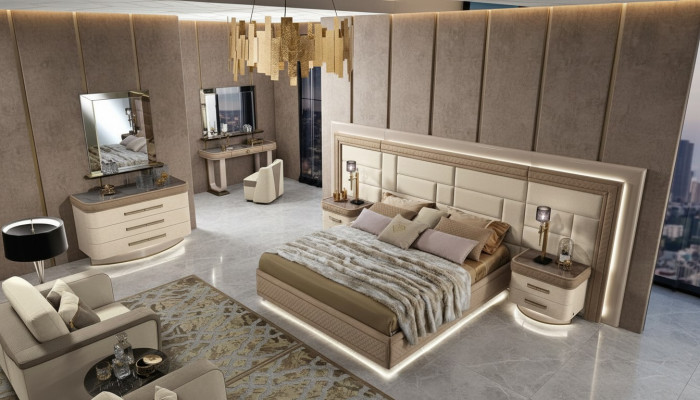 Conception Luxe Chambre à coucher Lit 2x Tables de chevet Commode Suite Lits Ensemble de 8 pièces