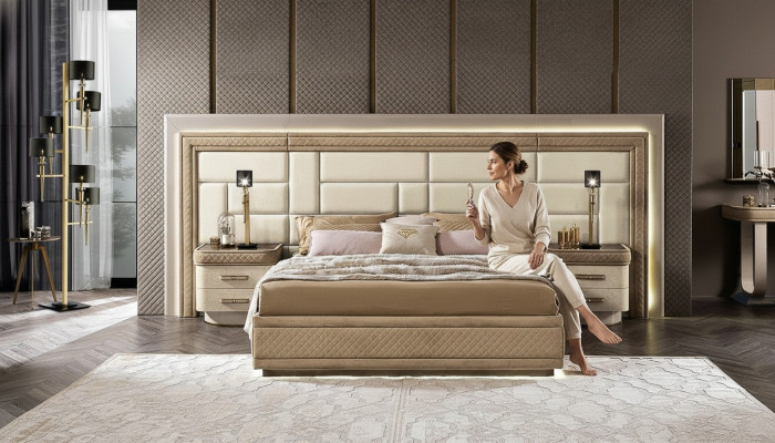 Meubles de chambre à coucher Lit Solide Beige Mobilier Italien Lit Double en Bois