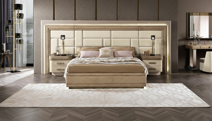Meubles de chambre à coucher Lit Solide Beige Mobilier Italien Lit Double en Bois