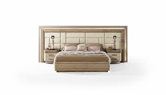 Meubles de chambre à coucher Lit Solide Beige Mobilier Italien Lit Double en Bois