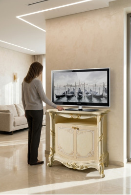 meuble TV de téléviseur Design de salon Étagère Bois Beige Étagères Bas Italie nouveau