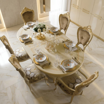 Ensemble de salle à manger en bois avec design, 2 chaises avec accoudoirs, 4 chaises, 7 pièces.
