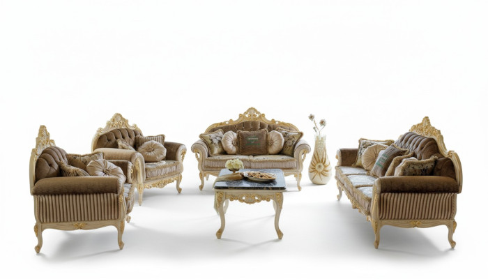 Ensemble complet : canapé 3 places + 2 places + 1 place + table basse. Canapé design en tissu, comprenant 4 pièces.