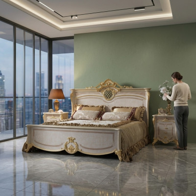 Ensemble de meubles de chambre - Lit avec deux tables de chevet dans un design moderne