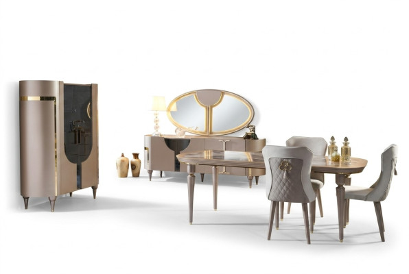 Ensemble de salle à manger Design 8 pièces Table de salle à manger Chaise Commode Vitrine Miroir Tables à manger Bois