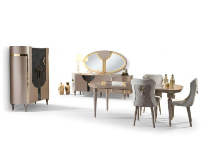 Ensemble de salle à manger Design 8 pièces Table de salle à manger Chaise Commode Vitrine Miroir Tables à manger Bois