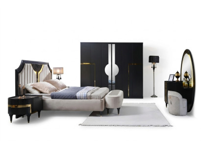 Chambre Lit Table de chevet Armoire Commode Miroir Tabouret Noir 7 pièces