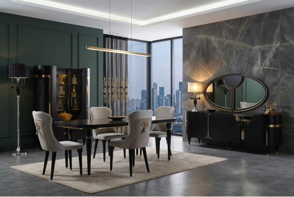 Ensemble de table de salle à manger Table à manger 4 chaises Mobilier de luxe Style chaise Groupe de meubles commode 8 pièces