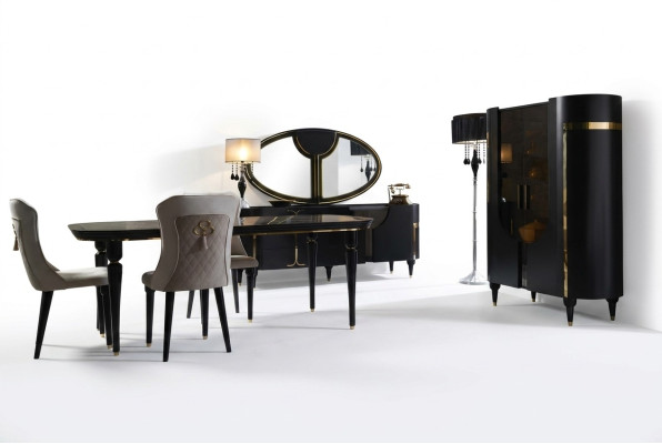 Ensemble de table de salle à manger Table à manger 4 chaises Mobilier de luxe Style chaise Groupe de meubles commode 8 pièces