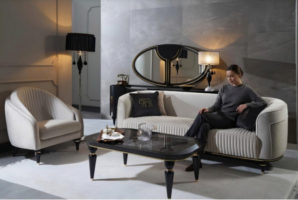 Ensemble de canapés 3+1 places en tissu design gris noir avec suite de canapé.