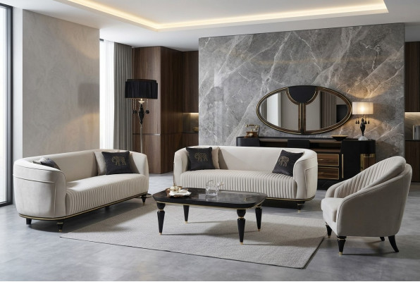 Ensemble de canapés 3+1 places en tissu design gris noir avec suite de canapé.