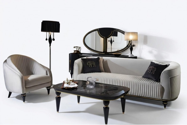 Ensemble de canapés 3+1 places en tissu design gris noir avec suite de canapé.