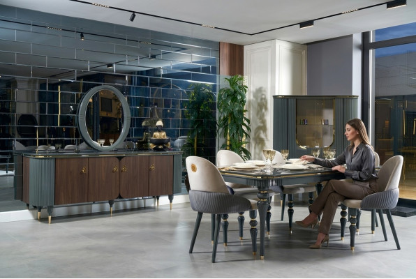 Salle à manger Set Suite Vitrine Table 6x Chaise Commode Miroir Moderne neuf 10 pièces.