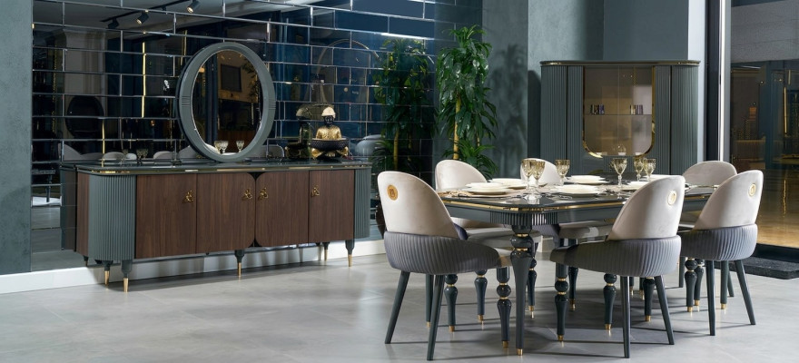 Salle à manger Set Suite Vitrine Table 6x Chaise Commode Miroir Moderne neuf 10 pièces.