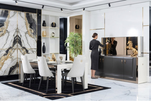 Salle à manger Ensemble Table 6x Chaise Commode Miroir Style italien Groupe neuf